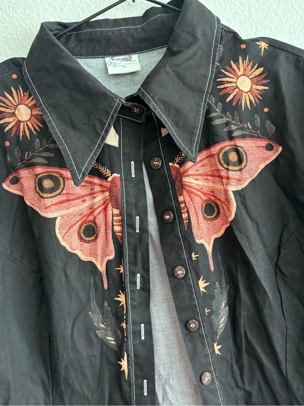 Black Women's Button-Up Jean dress with Pink Moth Embroidery
